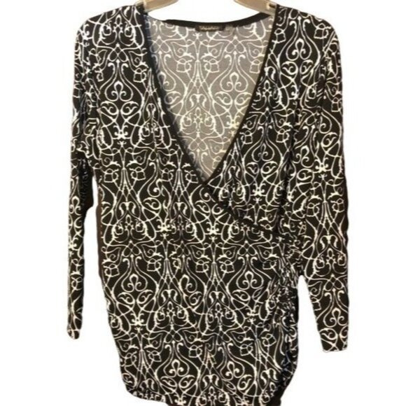 Tahiti long sleeve black white v-neck shirt polyester blend bunched medium READ - Picture 1 of 8